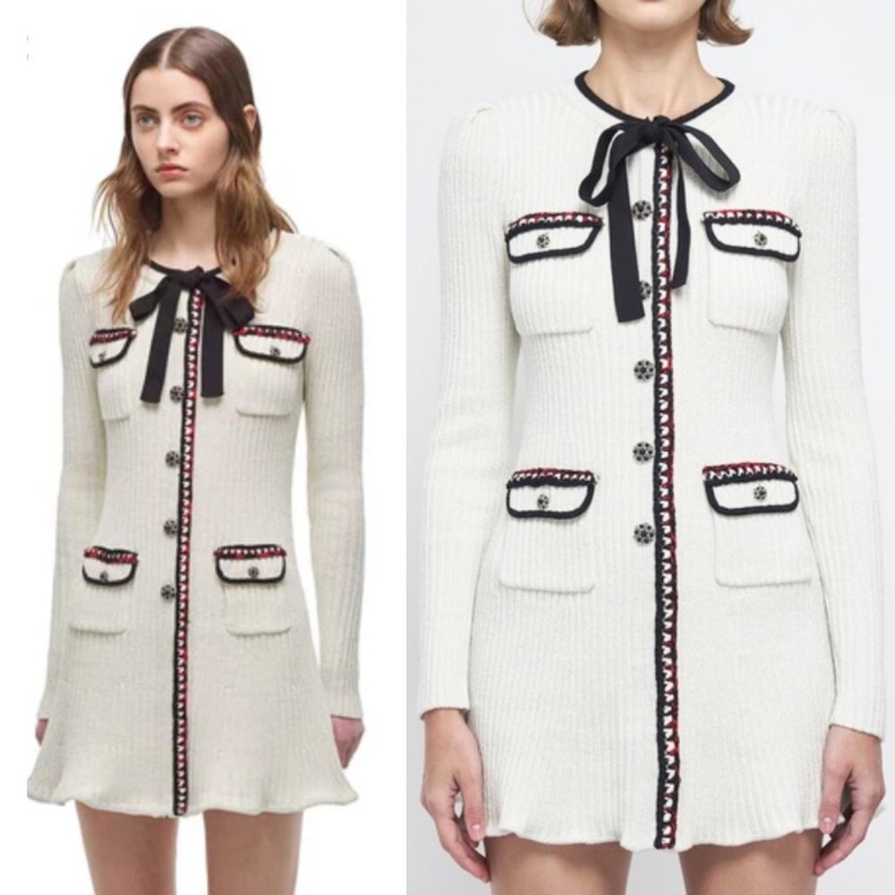 Self-Portrait Lurex Knit Dress Ivory Black Red Preppy Career Modest Trendy